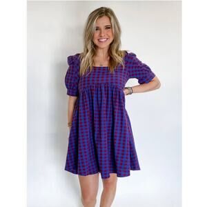 Entro 100% Cotton Purple and Blue Plaid Square Neck Dress